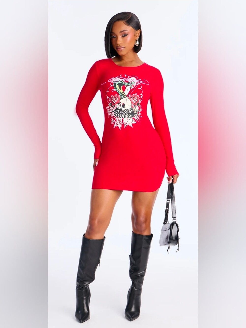Ed Hardy Cobra Ribbed Long-Sleeve Graphic Mini Dress